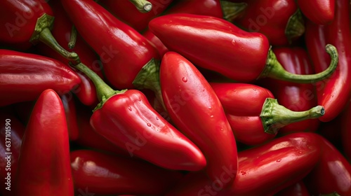 Close up of red chili pepper covered in full screen. Concept of healthy eating and dieting. Vegan and vegeterian food. Illustration for banner, cover, brochure, advertising, marketing or presentation.