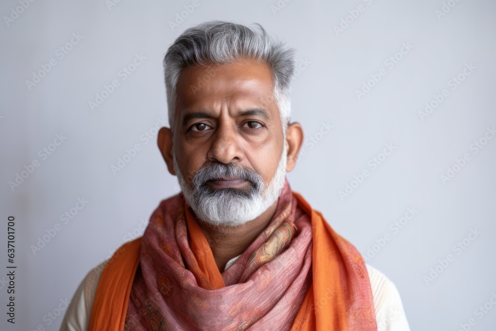 Lifestyle portrait of an Indian man in his 50s wearing a foulard in a minimalist background Lifestyle portrait of an Indian man in his 50s wearing a foulard in a minimalist background