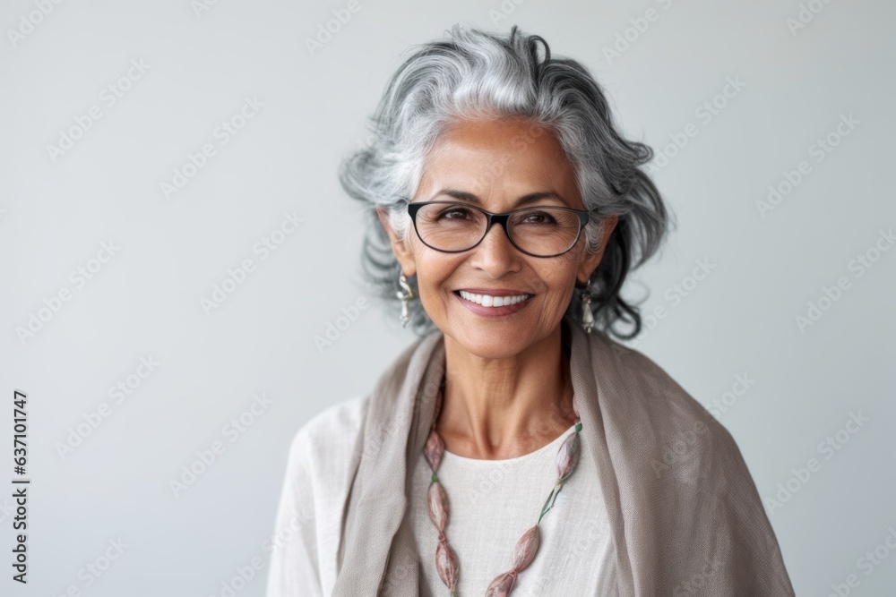 Lifestyle portrait of an Indian woman in her 60s in a minimalist background