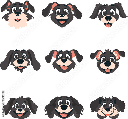 Enormous set of clever faces of mutts. Cartoon style, Vector Illustration