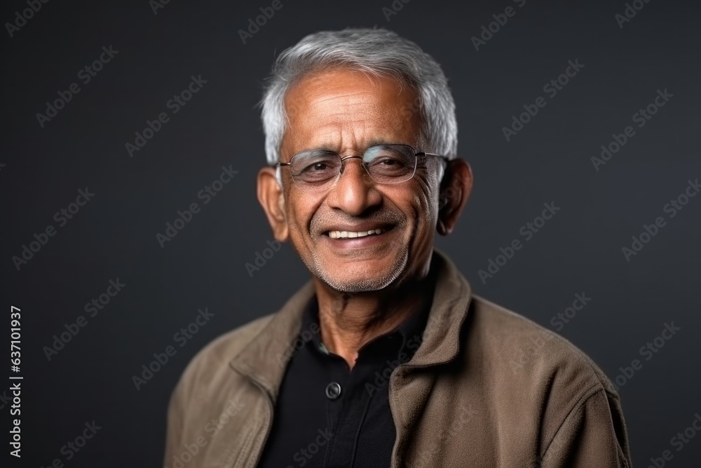 Medium shot portrait of an Indian man in his 60s in a minimalist background