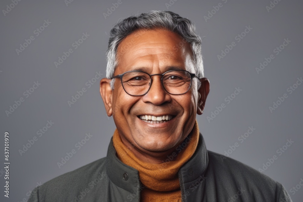 Close-up portrait of an Indian man in his 60s in a minimalist background Close-up portrait of an Indian man in his 60s in a minimalist background