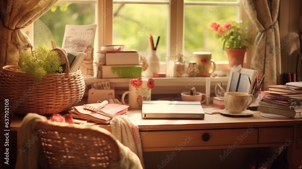 a desk with a basket of books and a cup of coffee. generative ai a desk with a basket of books and a cup of coffee. generative ai