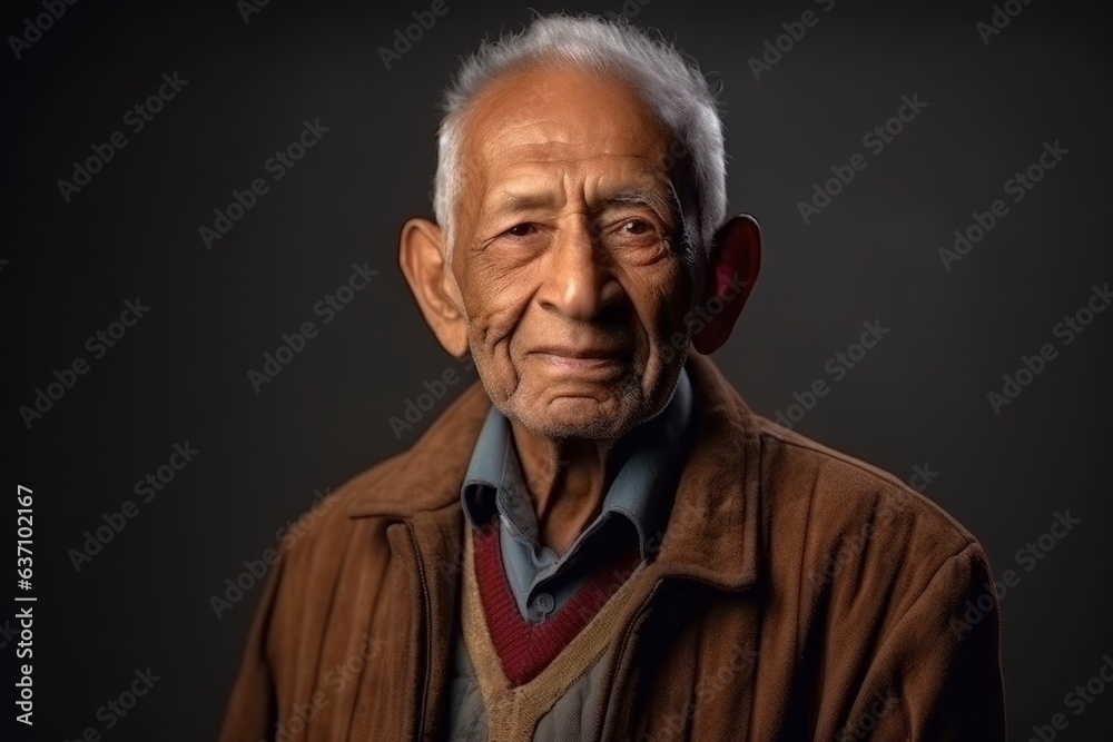 Close-up portrait of an Indian man in his 80s in a minimalist background