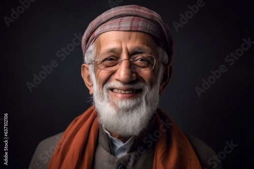 Lifestyle portrait of an Indian man in his 70s wearing hijab in a minimalist background