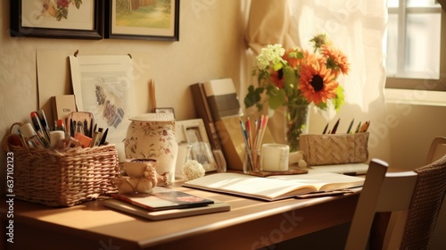  a wooden desk topped with lots of books and a vase of flowers.  generative ai © Olga