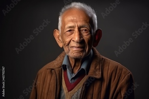 Close-up portrait of an Indian man in his 80s in a minimalist background