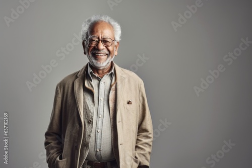 Lifestyle portrait of an Indian man in his 80s in a minimalist background