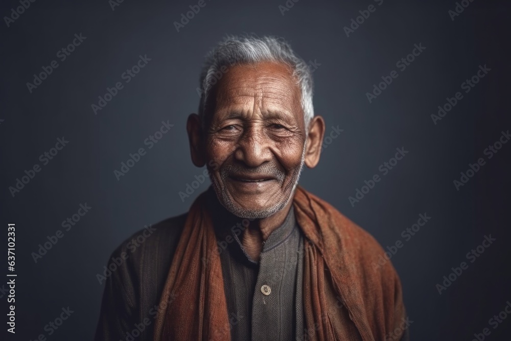 Fototapeta premium Medium shot portrait of an 100-year-old elderly Indian man in a minimalist background