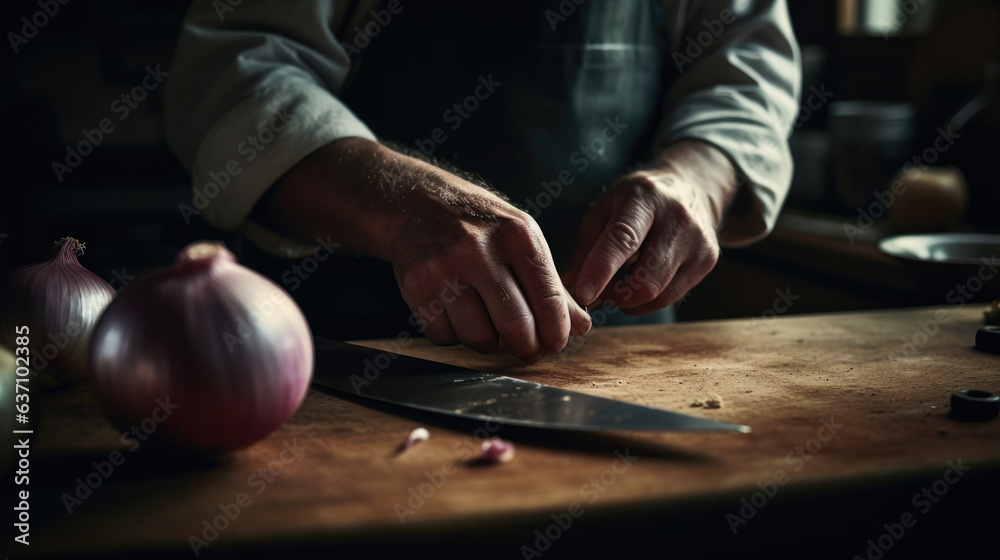 Cook slicing an onion into slices.