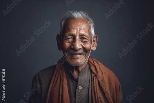Medium shot portrait of an 100-year-old elderly Indian man in a minimalist background
