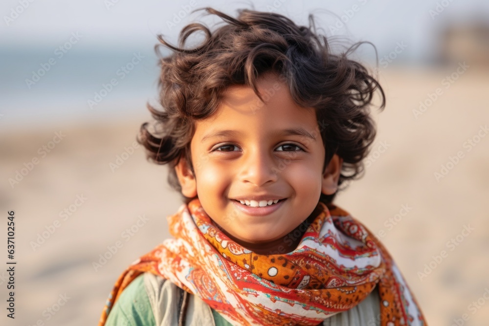 Lifestyle portrait of an Indian child male wearing a foulard in a beach Lifestyle portrait of an Indian child male wearing a foulard in a beach