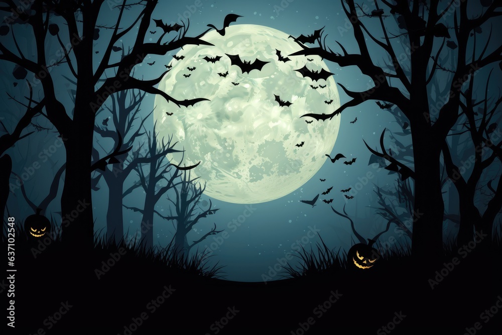 Halloween background with trees and bats