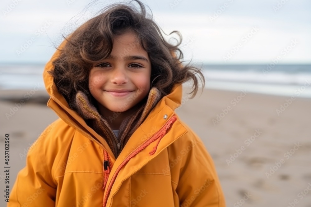 Medium shot portrait of an Indian child female wearing a warm parka in a beach 