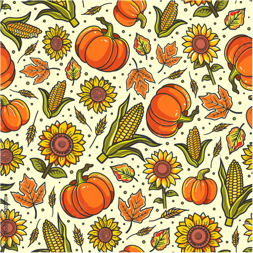 Autumn vibes - seamless pattern of reach fresh harvest, sunflowers and fallen leaves