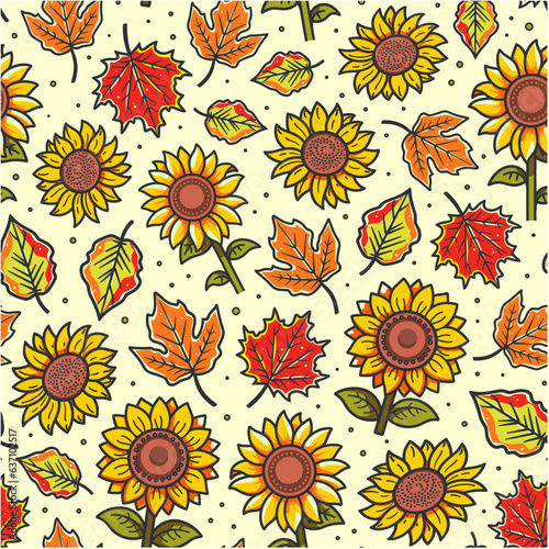 Autumn vibes - seamless pattern of colorful sunflowers and fallen leaves