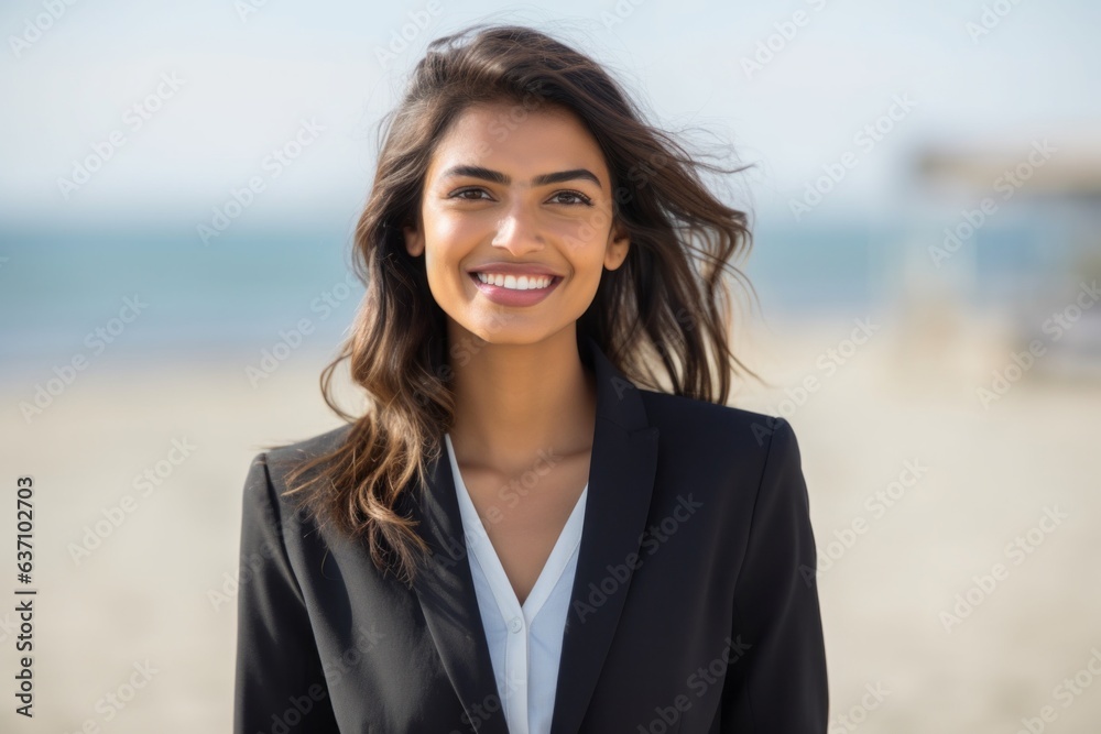 Medium shot portrait of an Indian woman in her 20s wearing a sleek suit in a beach Medium shot portrait of an Indian woman in her 20s wearing a sleek suit in a beach