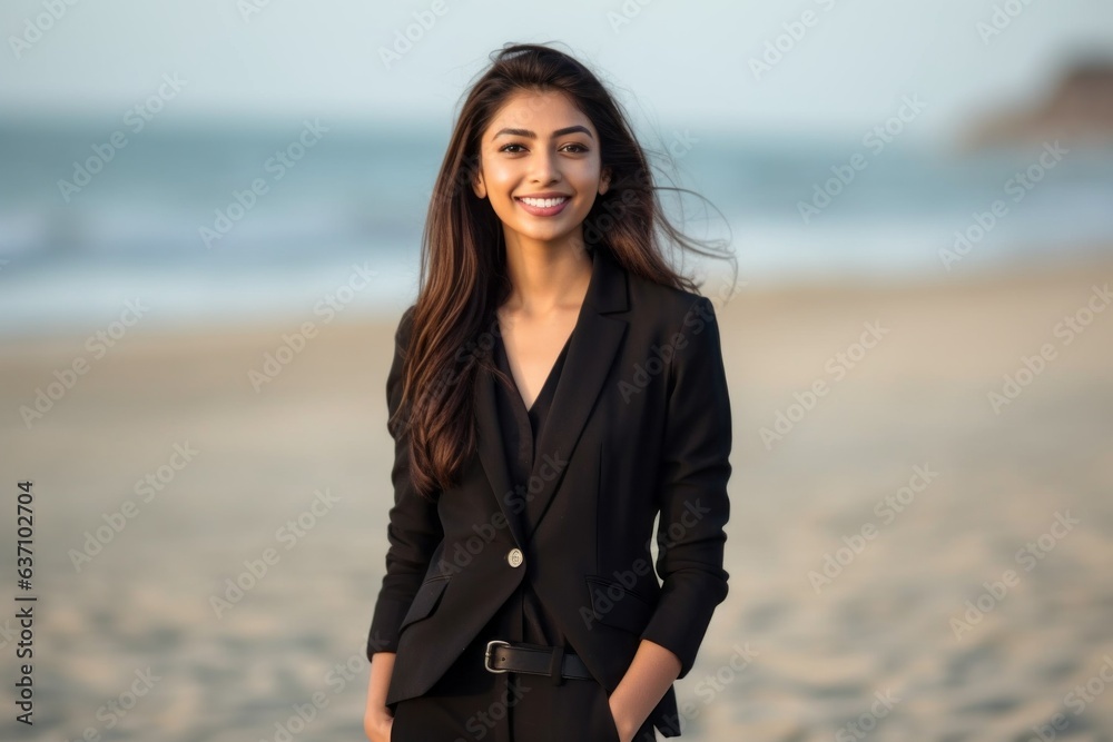 Medium shot portrait of an Indian woman in her 20s wearing a sleek suit in a beach