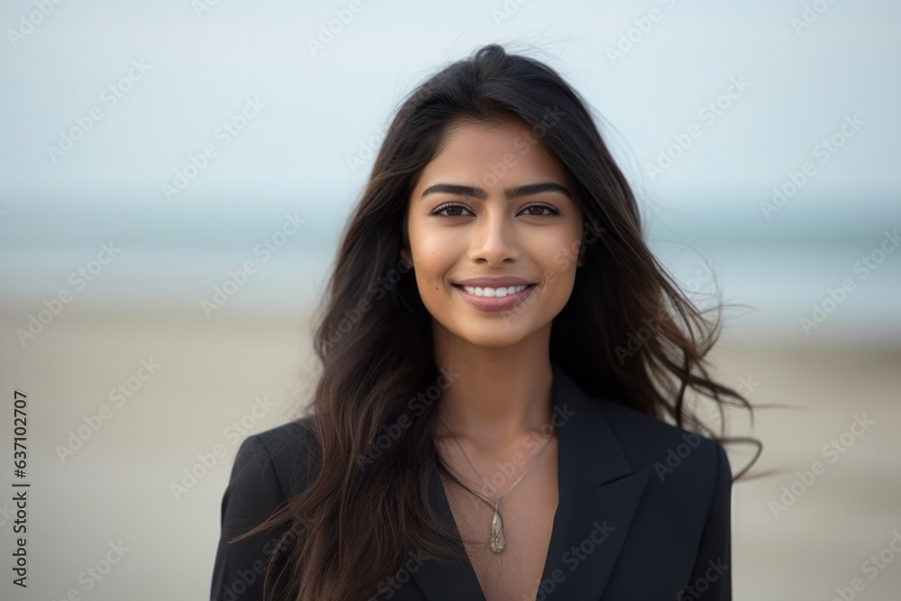 Medium shot portrait of an Indian woman in her 20s wearing a sleek suit in a beach 