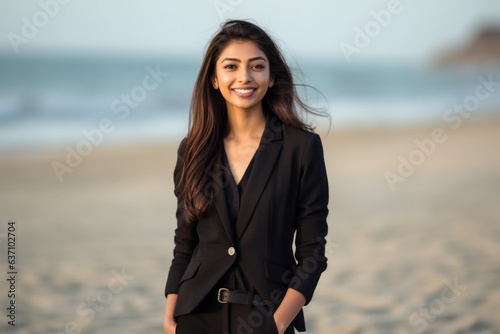 Obraz na płótnie Medium shot portrait of an Indian woman in her 20s wearing a sleek suit in a beach w salonie