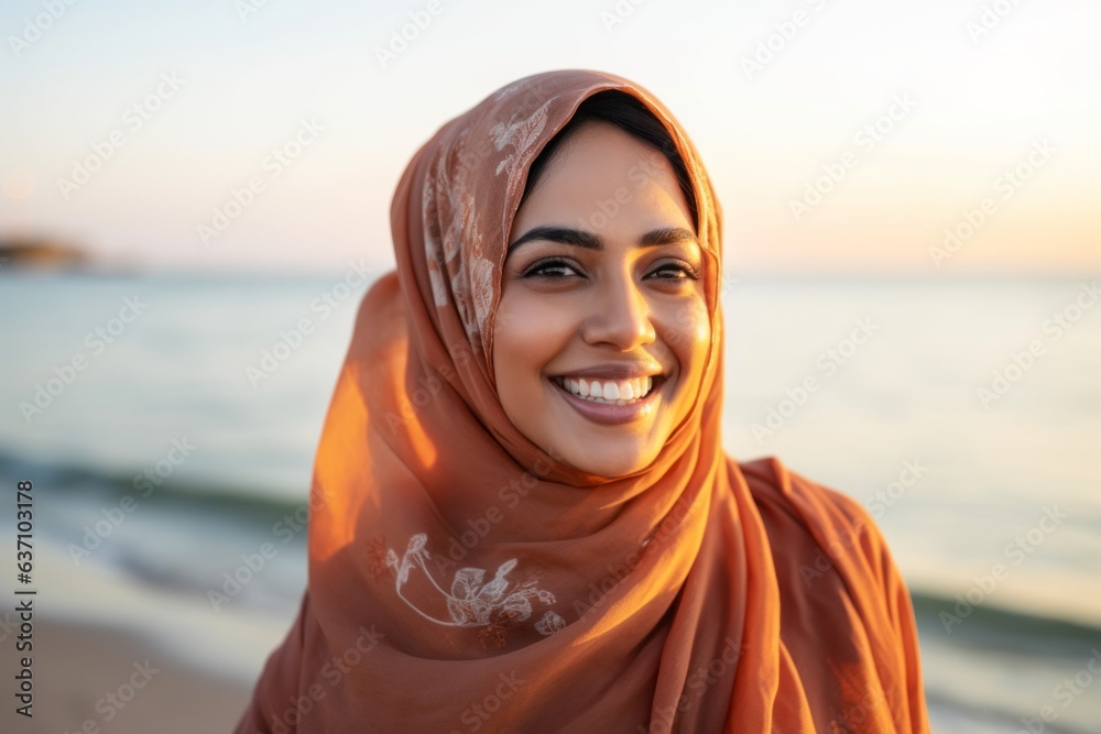 Lifestyle portrait of an Indian woman in her 30s wearing hijab in a beach Lifestyle portrait of an Indian woman in her 30s wearing hijab in a beach