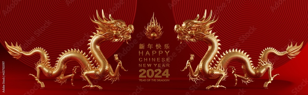 Fototapeta premium 3d rendering illustration for happy chinese new year 2024 the dragon zodiac sign with flower, lantern, asian elements, red and gold on background. ( Translation : year of the dragon 2024 )