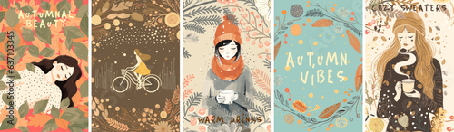 Autumn. Autumn mood. Girl and fall backgrounds. Set of vector illustrations. Beautiful autumn, great design for any purposes.