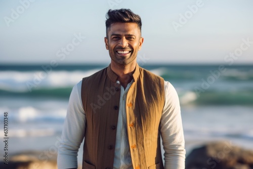Medium shot portrait of an Indian man in his 30s in a beach 