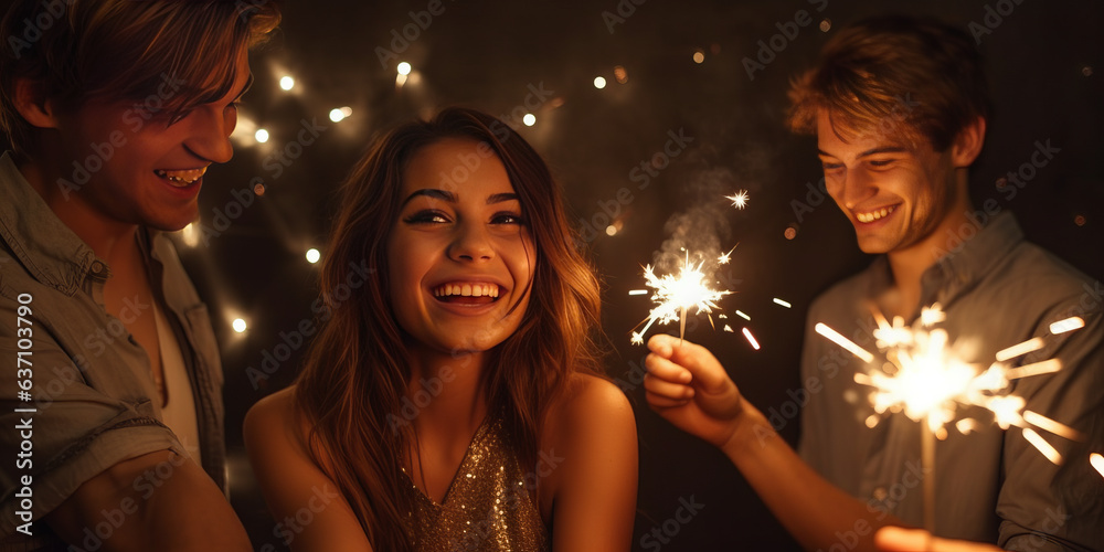 Enchanting young woman, flanked by two men igniting sparklers, reflecting joyous celebration and warmth amidst glittery backdrop.