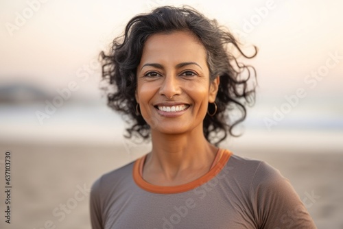 Medium shot portrait of an Indian woman in her 40s wearing a sporty polo shirt in a beach 