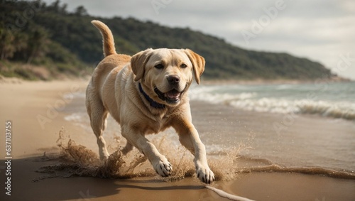 A playful dog sprinting along the sandy beach with the sparkling ocean in the background