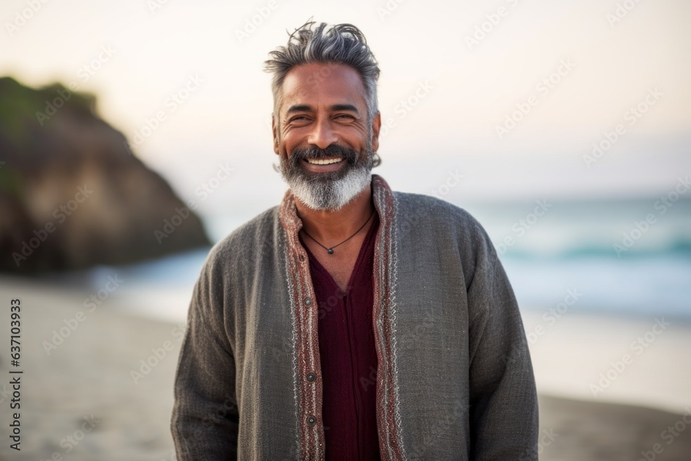 Portrait of handsome Indian man smiling at camera on beach during sunset