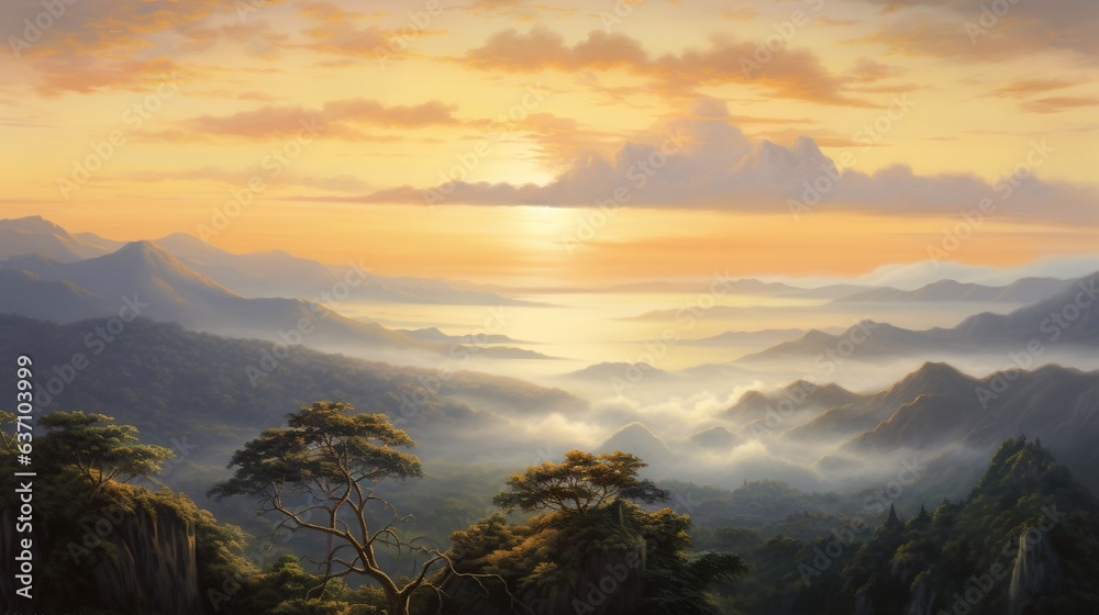 a painting of a sunset over a mountain range with trees. generative ai a painting of a sunset over a mountain range with trees. generative ai
