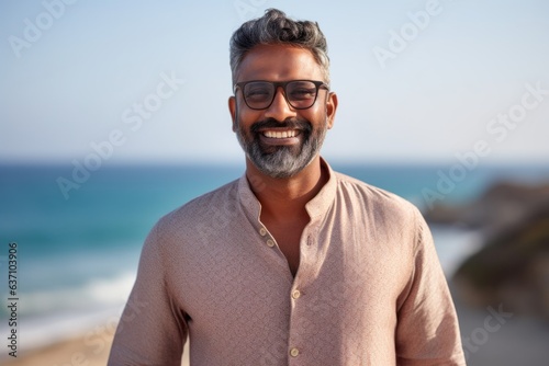 Portrait of a smiling Indian man wearing eyeglasses on the beach