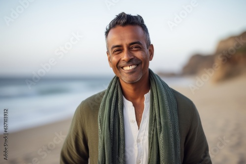 Portrait of smiling man with towel on shoulders standing on beach at sunset