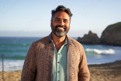 Portrait of smiling handsome man standing on beach on a sunny day