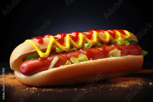 Hot dog with sausage, cucumbers, lettuce and tomatoes. Street food menu. Generative AI