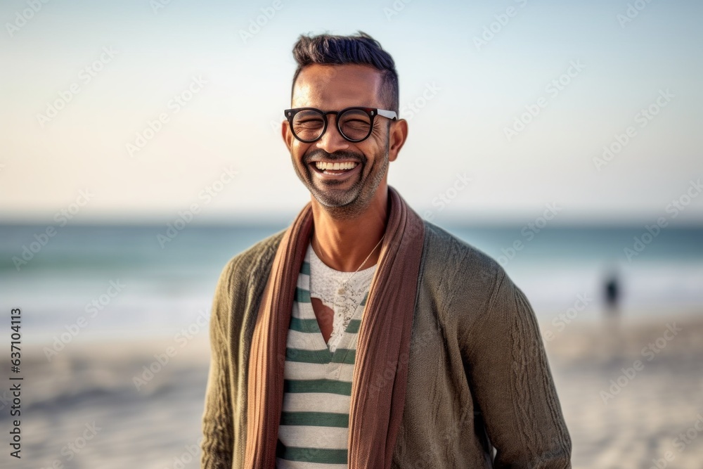 Portrait of smiling man with scarf on the beach at sunny day