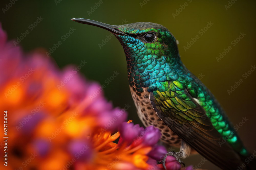 Obraz premium A fiery-throated hummingbird with a shimmering feather coat perched on a branch in the wild. AI Generative