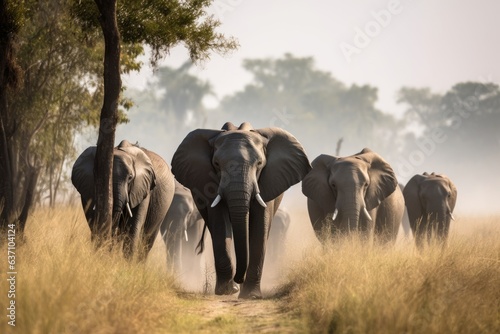 Photo A majestic herd of elephants gracefully walking down a rustic dirt road