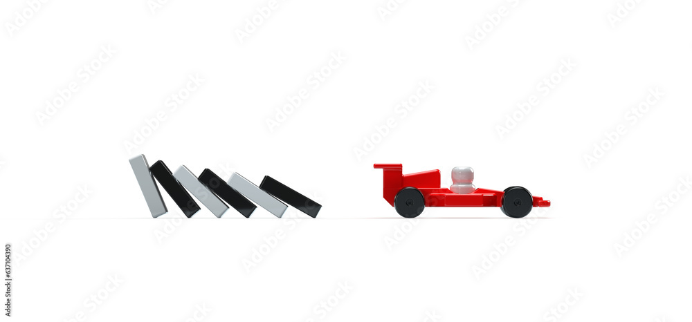 Red wooden racing car, toy car and domino cubes. 3d render on the theme ...