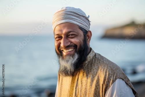Portrait of a bearded arabian man smiling at the beach
