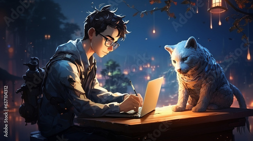 Imaginary Companions: Geeky Boy with Laptop and Magical White Tiger (Illustration)