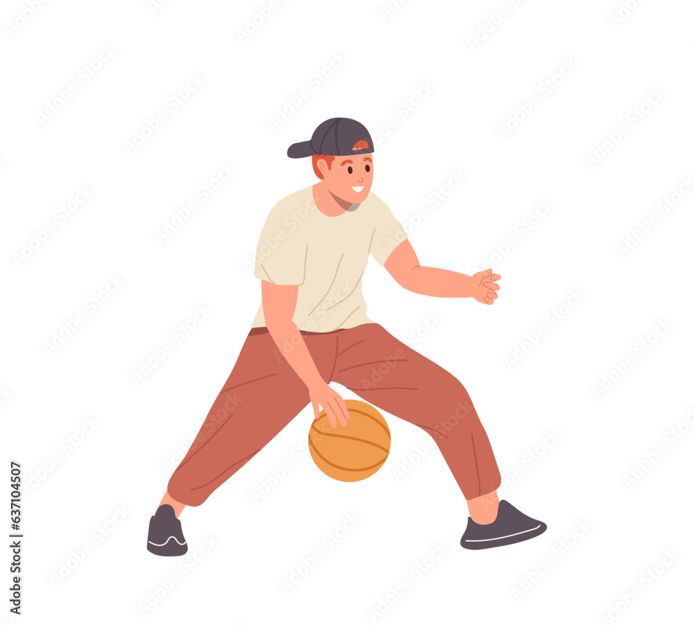 Young basketball player male cartoon character dribbling with ball isolated on white background