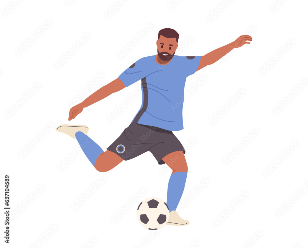 Man football player kicking ball in run motion trying to score goal isolated on white background