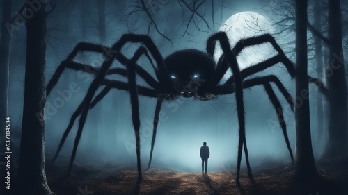 Silhouette of a man with arachnophobia in a nighttime forest with a large spider monster above him, and a large moon in the sky