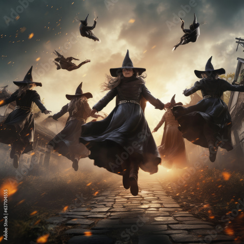A gang of witches flying in formation
