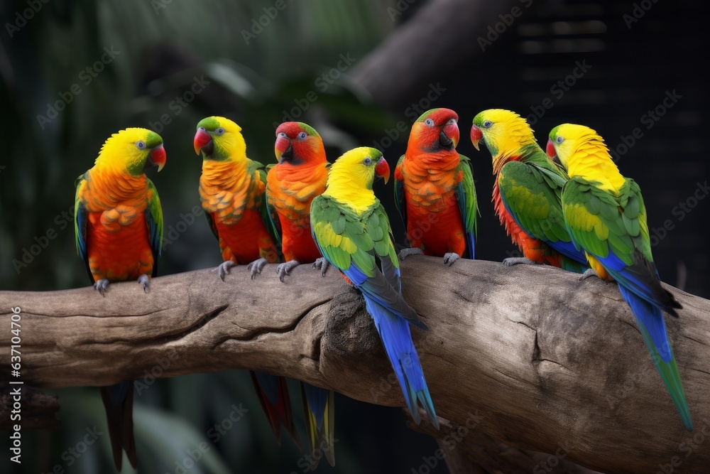 A vibrant group of birds perched on a tree branch