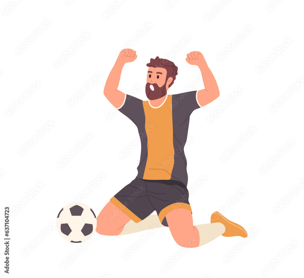 Man football player sitting on floor with raised hands up screaming celebrating goal score