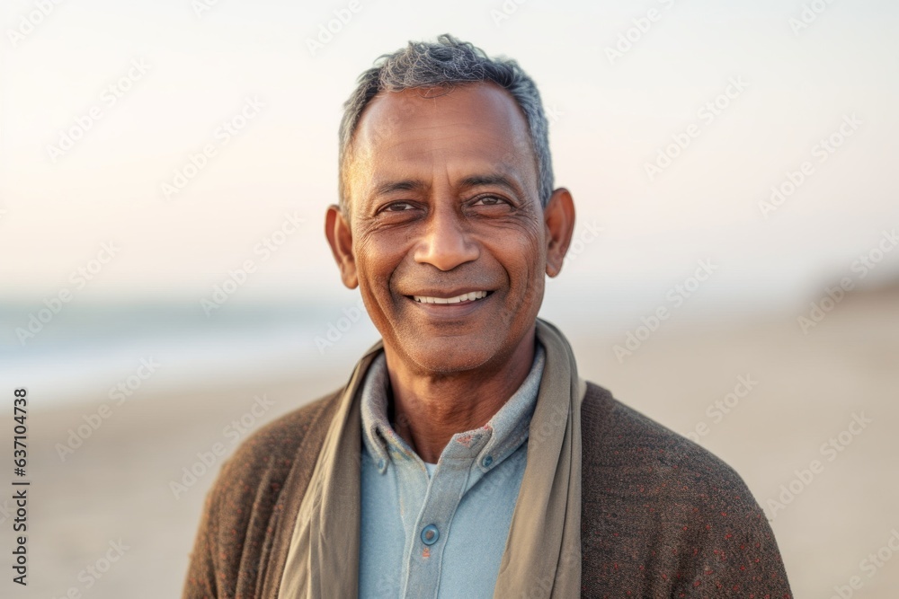 Portrait of smiling mature Indian man standing on beach at dusk.
